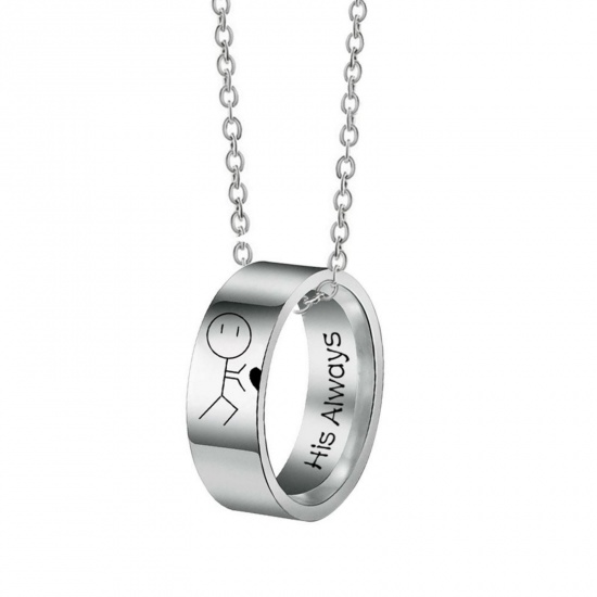 Picture of Wholesale Finger Ring Message " His Always " Pendant Charm Necklace, Silver Tone 201 Stainless Steel Women's Eco-friendly Valentine's Day Stylish Gift Jewelry For Retailer, 50cm(19.7") long, 1 Piece