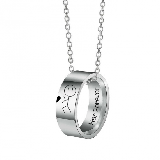 Picture of Wholesale Finger Ring Message " Her Forever " Pendant Charm Necklace, Silver Tone 201 Stainless Steel Women's Eco-friendly Valentine's Day Stylish Gift Jewelry For Retailer, 50cm(19.7") long, 1 Piece