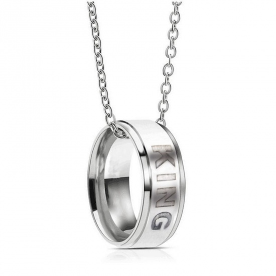Picture of Wholesale Finger Ring Message " King " Pendant Charm Necklace, Silver Tone 201 Stainless Steel Women's Eco-friendly Valentine's Day Stylish Gift Jewelry For Retailer, 50cm(19.7") long, 1 Piece