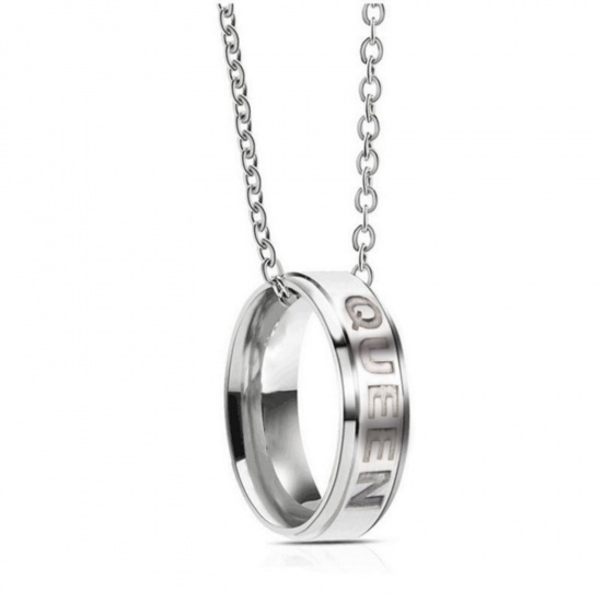 Picture of Wholesale Finger Ring Message " Queen " Pendant Charm Necklace, Silver Tone 201 Stainless Steel Women's Eco-friendly Valentine's Day Stylish Gift Jewelry For Retailer, 50cm(19.7") long, 1 Piece