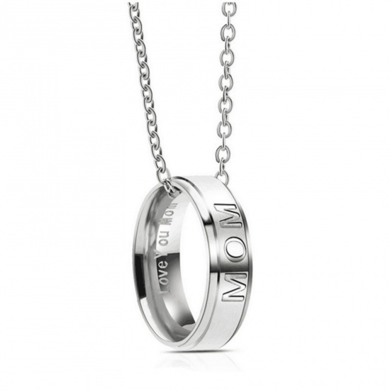 Picture of Wholesale Finger Ring Message " Mom " Pendant Charm Necklace, Silver Tone 201 Stainless Steel Women's Eco-friendly Mother's Day Stylish Gift Jewelry For Retailer, 50cm(19.7") long, 1 Piece