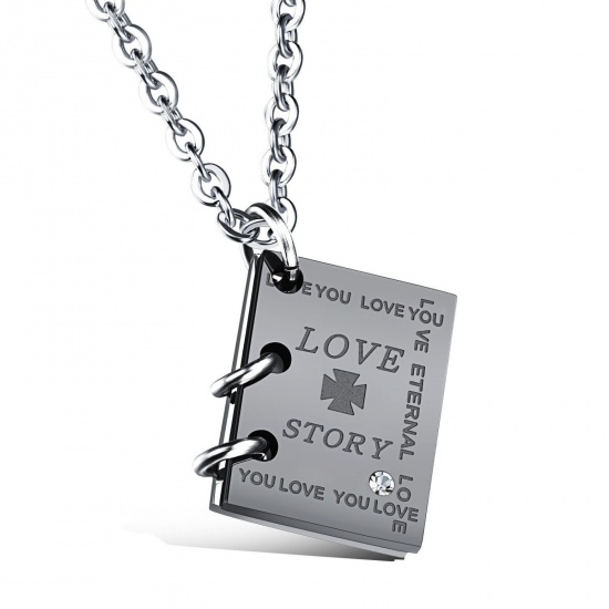 Picture of Wholesale Unique Openable Flip Page Book Message " love story " Pendant Charm Necklace, Silver Tone & Gunmetal 304 Stainless Steel Women's Eco-friendly Valentine's Day Stylish Gift Jewelry For Retailer, 50cm(19.7") long, 1 Piece