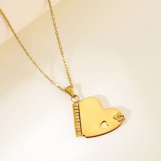 Picture of Wholesale Unique Openable Flip Page Book Heart Customize Engraving Supported Pendant Charm Necklace, 18K Gold Plated 304 Stainless Steel Link Cable Chain, Women's Eco-friendly Creative Stylish Valentine's Day Jewelry For Retailer, 45cm(17.7") + 5cm(2") long, 1 Piece