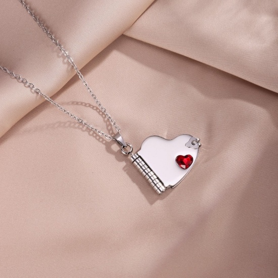 Picture of Wholesale Unique Openable Flip Page Book Heart Customize Engraving Supported Red Rhinestone Pendant Charm Necklace, Silver Tone 304 Stainless Steel Link Cable Chain, Women's Eco-friendly Creative Stylish Valentine's Day Jewelry For Retailer, 45cm(17.7") + 5cm(2") long, 1 Piece
