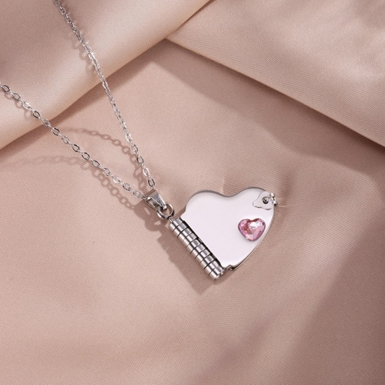Picture of Wholesale Unique Openable Flip Page Book Heart Customize Engraving Supported Pink Rhinestone Pendant Charm Necklace, Silver Tone 304 Stainless Steel Link Cable Chain, Women's Eco-friendly Creative Stylish Valentine's Day Jewelry For Retailer, 45cm(17.7") + 5cm(2") long, 1 Piece