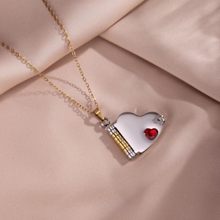 Picture of Wholesale Unique Openable Flip Page Book Heart Customize Engraving Supported Red Rhinestone Pendant Charm Necklace, Silver Tone & 18K Gold Plated 304 Stainless Steel Link Cable Chain, Women's Eco-friendly Creative Stylish Valentine's Day Jewelry For Retailer, 45cm(17.7") + 5cm(2") long, 1 Piece