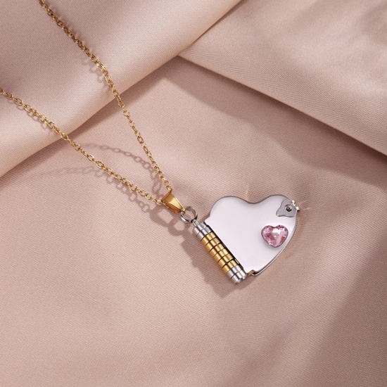 Picture of Wholesale Unique Openable Flip Page Book Heart Customize Engraving Supported Pink Rhinestone Pendant Charm Necklace, Silver Tone & 18K Gold Plated 304 Stainless Steel Link Cable Chain, Women's Eco-friendly Creative Stylish Valentine's Day Jewelry For Retailer, 45cm(17.7") + 5cm(2") long, 1 Piece