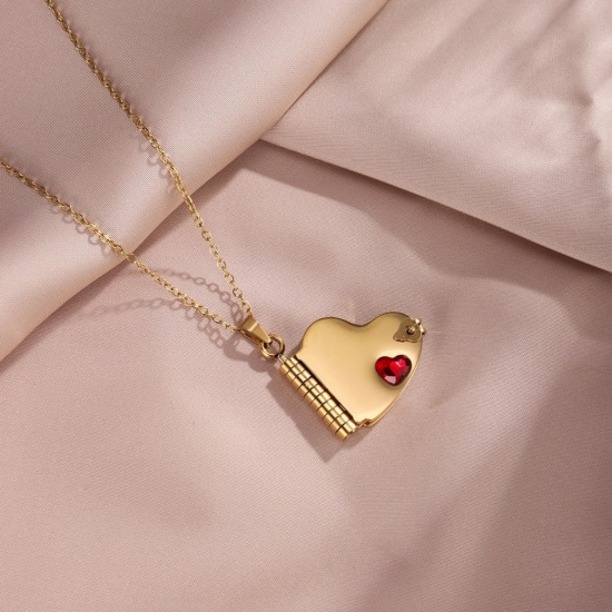 Picture of Wholesale Unique Openable Flip Page Book Heart Customize Engraving Supported Red Rhinestone Pendant Charm Necklace, 18K Gold Plated 304 Stainless Steel Link Cable Chain, Women's Eco-friendly Creative Stylish Valentine's Day Jewelry For Retailer, 45cm(17.7") + 5cm(2") long, 1 Piece