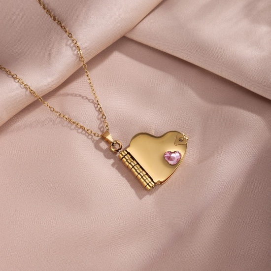 Picture of Wholesale Unique Openable Flip Page Book Heart Customize Engraving Supported Pink Rhinestone Pendant Charm Necklace, 18K Gold Plated 304 Stainless Steel Link Cable Chain, Women's Eco-friendly Creative Stylish Valentine's Day Jewelry For Retailer, 45cm(17.7") + 5cm(2") long, 1 Piece