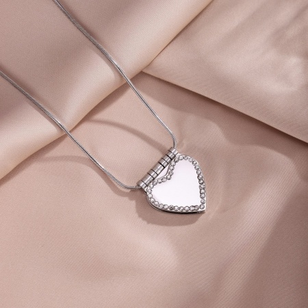 Picture of Wholesale Unique Openable Flip Page Book Heart Customize Engraving Supported Clear Rhinestone Pendant Charm Necklace, Silver Tone 304 Stainless Steel Snake Chain, Women's Eco-friendly Creative Stylish Valentine's Day Jewelry For Retailer, 45cm(17.7") + 5cm(2") long, 1 Piece