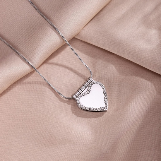 Picture of Wholesale Unique Openable Flip Page Book Heart Customize Engraving Supported Clear Rhinestone Pendant Charm Necklace, Silver Tone 304 Stainless Steel Snake Chain, Women's Eco-friendly Creative Stylish Valentine's Day Jewelry For Retailer, 45cm(17.7") + 5cm(2") long, 1 Piece