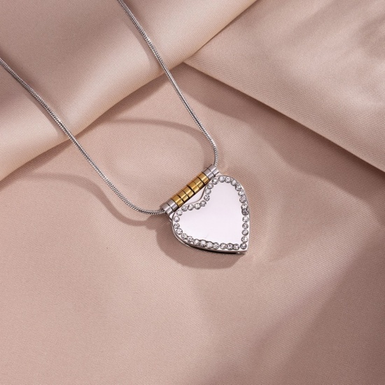 Picture of Wholesale Unique Openable Flip Page Book Heart Customize Engraving Supported Clear Rhinestone Pendant Charm Necklace, Silver Tone & 18K Gold Plated 304 Stainless Steel Snake Chain, Women's Eco-friendly Creative Stylish Valentine's Day Jewelry For Retailer, 45cm(17.7") + 5cm(2") long, 1 Piece