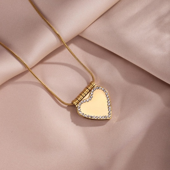 Picture of Wholesale Unique Openable Flip Page Book Heart Customize Engraving Supported Clear Rhinestone Pendant Charm Necklace, 18K Gold Plated 304 Stainless Steel Snake Chain, Women's Eco-friendly Creative Stylish Valentine's Day Jewelry For Retailer, 45cm(17.7") + 5cm(2") long, 1 Piece