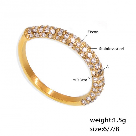 Picture of Wholesale Women's Gift Clear Cubic Zirconia Unadjustable Eternity Rings, 18K Gold Plated 304 Stainless Steel, Eco-friendly PVD Vacuum Plating Ins Style Stylish Jewelry Supply, 16.5mm(US Size 6), 1 Piece