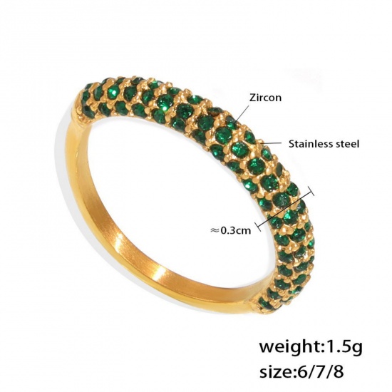 Picture of Wholesale Women's Gift Green Cubic Zirconia Unadjustable Eternity Rings, 18K Gold Plated 304 Stainless Steel, Eco-friendly PVD Vacuum Plating Ins Style Stylish Jewelry Supply, 16.5mm(US Size 6), 1 Piece