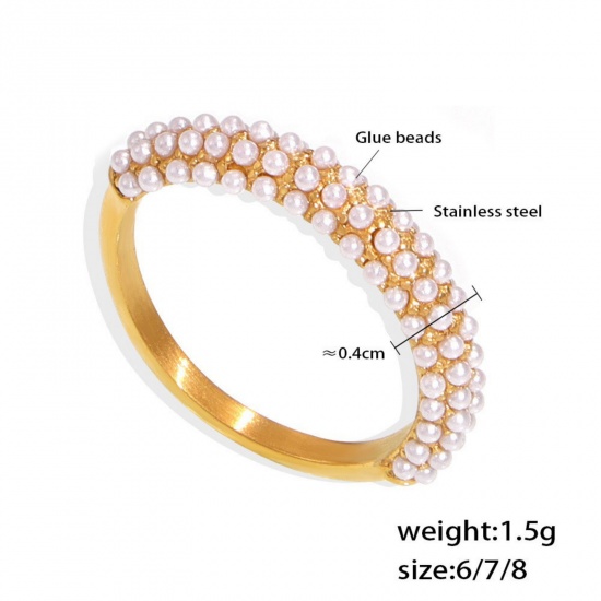 Picture of Wholesale Women's Gift White Acrylic Imitation Pearl Unadjustable Eternity Rings, 18K Gold Plated 304 Stainless Steel, Eco-friendly PVD Vacuum Plating Ins Style Stylish Jewelry Supply, 16.5mm(US Size 6), 1 Piece