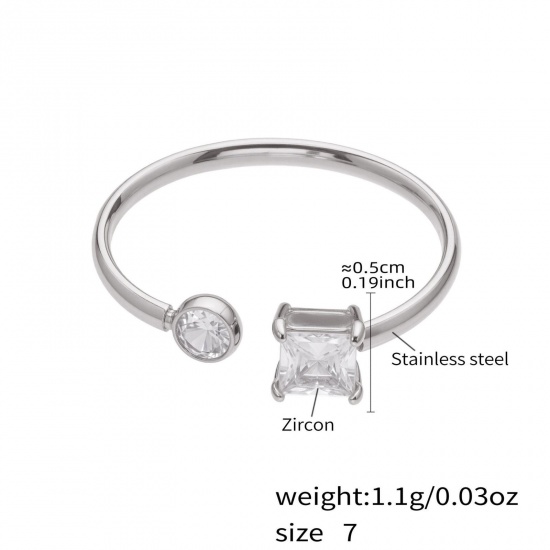 Picture of Wholesale Women's Gift Clear Cubic Zirconia Open Rings, Silver Tone 304 Stainless Steel, Eco-friendly Exquisite Stylish Jewelry Supply, 17.3mm(US Size 7), 1 Piece