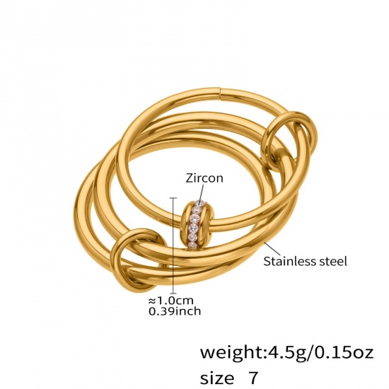 Picture of Wholesale Women's Gift Clear Cubic Zirconia Multilayer Unadjustable Rings, 18K Gold Plated 304 Stainless Steel, Eco-friendly PVD Vacuum Plating Exquisite Stylish Jewelry Supply, 17.3mm(US Size 7), 1 Piece