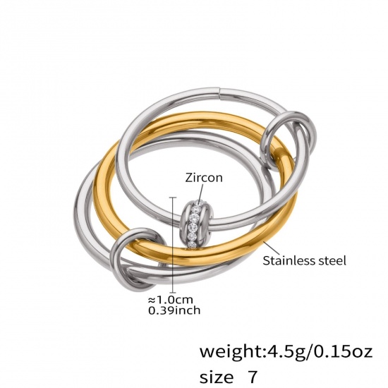 Picture of Wholesale Women's Gift Clear Cubic Zirconia Multilayer Unadjustable Rings, Silver Tone & 18K Gold Plated 304 Stainless Steel, Eco-friendly PVD Vacuum Plating Exquisite Stylish Jewelry Supply, 17.3mm(US Size 7), 1 Piece