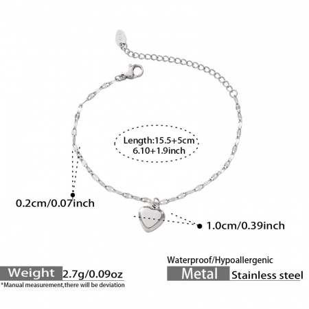 Immagine di Cuore 304 Acciaio Inossidabile Braccialetti con Ciondoli All'Ingrosso, Tono Argento Ecologico, Donne San Valentino Elegante Regalo Fornitura di Gioielli, 15.5cm Lunghezza, 1 Pz