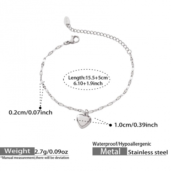 Immagine di Cuore 304 Acciaio Inossidabile Braccialetti con Ciondoli All'Ingrosso, Tono Argento Ecologico, Donne San Valentino Elegante Regalo Fornitura di Gioielli, 15.5cm Lunghezza, 1 Pz