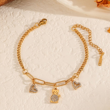 Immagine di Gatto Cuore 304 Acciaio Inossidabile Braccialetti con Ciondoli All'Ingrosso, Placcato Oro 18K Placcatura Sottovuoto PVD Ecologica, Donne Squisito Elegante Regalo Fornitura di Gioielli, 17cm Lunghezza, 1 Pz