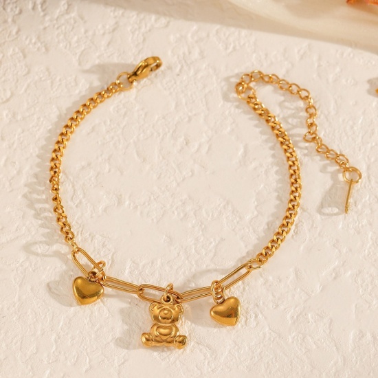 Picture of Wholesale Bear Animal Heart 304 Stainless Steel Charm Bracelets, 18K Gold Plated Eco-friendly PVD Vacuum Plating, Women's Exquisite Stylish Gift Jewelry Supply, 17cm(6.7") long, 1 Piece