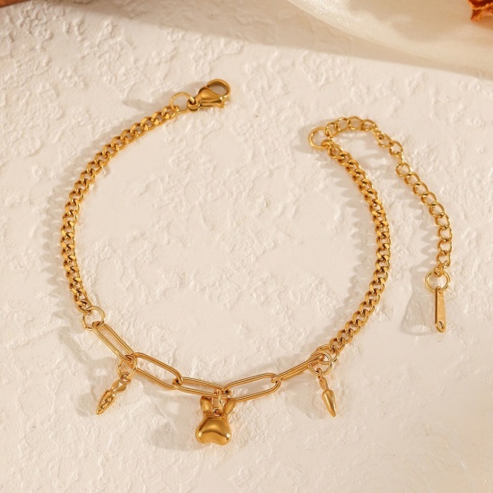 Picture of Wholesale Rabbit Animal Radish 304 Stainless Steel Charm Bracelets, 18K Gold Plated Eco-friendly PVD Vacuum Plating, Women's Exquisite Stylish Gift Jewelry Supply, 17cm(6.7") long, 1 Piece