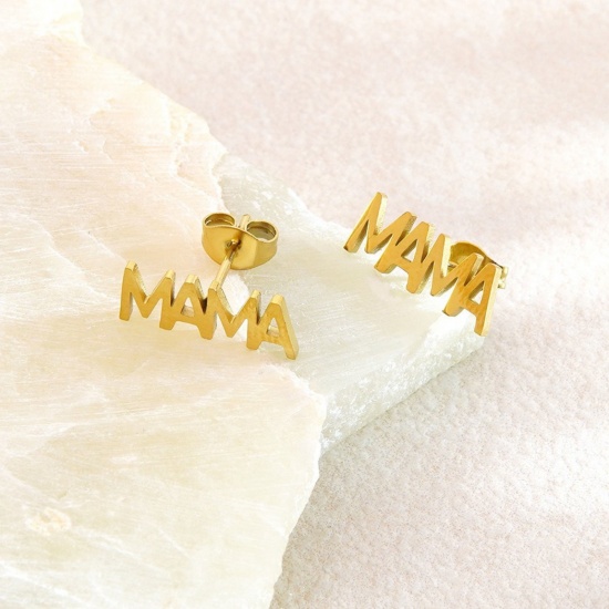 Picture of Wholesale Message " Mama " Ear Post Stud Earrings, 18K Gold Plated 304 Stainless Steel Women's PVD Vacuum Plating Mother's Day Stylish Gift Jewelry For Retailer, 1 Pair