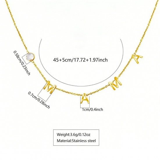 Picture of Wholesale Message " Mama " Clear Cubic Zirconia Pendant Charm Necklace, 18K Gold Plated 304 Stainless Steel Women's PVD Vacuum Plating Mother's Day Stylish Gift Jewelry For Retailer, 45cm(17.7") + 5cm(2") long, 1 Piece