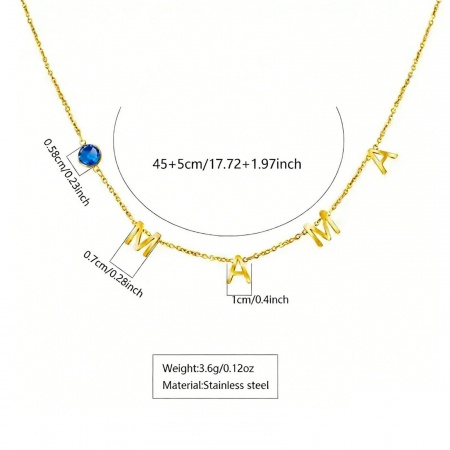Picture of Wholesale Message " Mama " Blue Cubic Zirconia Pendant Charm Necklace, 18K Gold Plated 304 Stainless Steel Women's PVD Vacuum Plating Mother's Day Stylish Gift Jewelry For Retailer, 45cm(17.7") + 5cm(2") long, 1 Piece