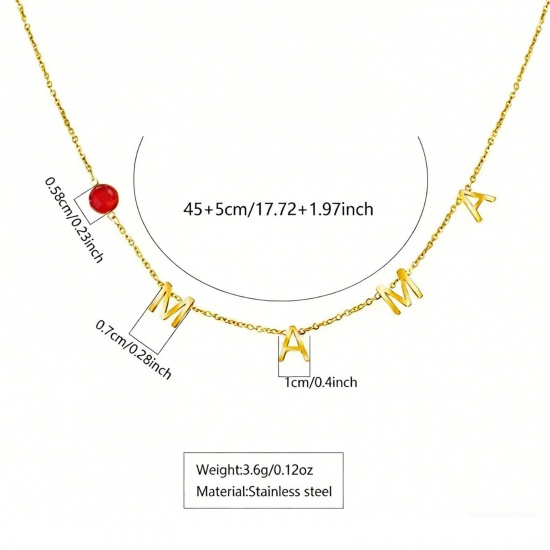 Picture of Wholesale Message " Mama " Red Cubic Zirconia Pendant Charm Necklace, 18K Gold Plated 304 Stainless Steel Women's PVD Vacuum Plating Mother's Day Stylish Gift Jewelry For Retailer, 45cm(17.7") + 5cm(2") long, 1 Piece