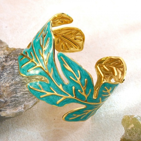 Picture of Wholesale Leaf Green Blue Enamel 304 Stainless Steel Bangles Bracelets, 18K Gold Plated PVD Vacuum Plating, Women's Exquisite Stylish Gift Jewelry Supply, 6cm Dia., 1 Piece