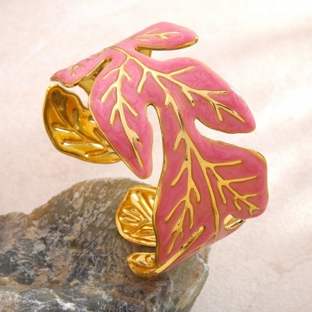 Picture of Wholesale Leaf Pink Enamel 304 Stainless Steel Bangles Bracelets, 18K Gold Plated PVD Vacuum Plating, Women's Exquisite Stylish Gift Jewelry Supply, 6cm Dia., 1 Piece