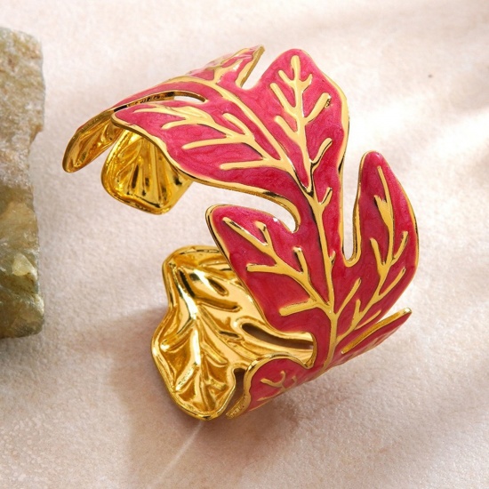 Picture of Wholesale Leaf Red Enamel 304 Stainless Steel Bangles Bracelets, 18K Gold Plated PVD Vacuum Plating, Women's Exquisite Stylish Gift Jewelry Supply, 6cm Dia., 1 Piece