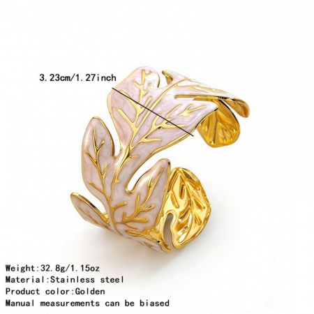 Picture of Wholesale Leaf White Enamel 304 Stainless Steel Bangles Bracelets, 18K Gold Plated PVD Vacuum Plating, Women's Exquisite Stylish Gift Jewelry Supply, 6cm Dia., 1 Piece