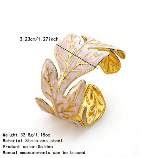 Picture of Wholesale Leaf White Enamel 304 Stainless Steel Bangles Bracelets, 18K Gold Plated PVD Vacuum Plating, Women's Exquisite Stylish Gift Jewelry Supply, 6cm Dia., 1 Piece