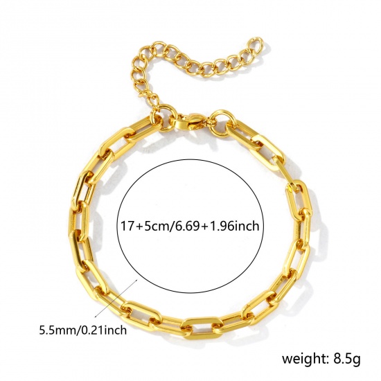 Picture of Wholesale 304 Stainless Steel Paperclip Link Chain Bracelets, 18K Gold Plated Eco-friendly, Women's Simple Stylish Gift Jewelry Supply, 17cm(6.7") long, Chain Size: 5.5mm, 1 Piece