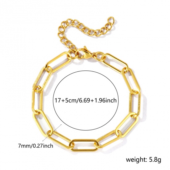 Picture of Wholesale 304 Stainless Steel Paperclip Link Chain Bracelets, 18K Gold Plated Eco-friendly, Women's Simple Stylish Gift Jewelry Supply, 17cm(6.7") long, Chain Size: 7mm, 1 Piece