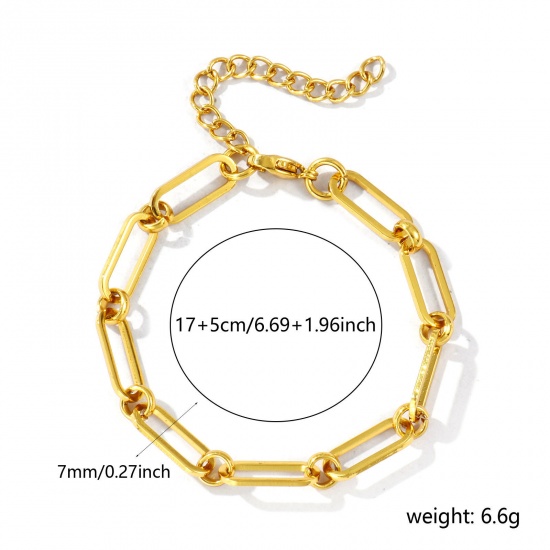 Picture of Wholesale 304 Stainless Steel Paperclip Link Chain Bracelets, 18K Gold Plated Eco-friendly, Women's Simple Stylish Gift Jewelry Supply, 17cm(6.7") long, Chain Size: 7mm, 1 Piece