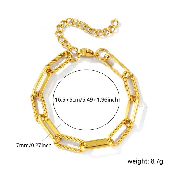 Picture of Wholesale 304 Stainless Steel Paperclip Link Chain Bracelets, 18K Gold Plated Eco-friendly, Women's Simple Stylish Gift Jewelry Supply, 16.5cm(6 4/8") long, Chain Size: 7mm, 1 Piece