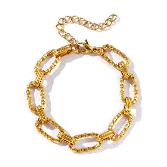 Image de Bracelets En Gros Plaqué Or 18K en 304 Acier Inoxydable, Chaîne de Trombone Respectueux de la Nature, aux Femmes Simple À la Mode Cadeau Fournitures de Bijoux 17cm long, Taille de la Chaîne: 9mm, 1 Pièce