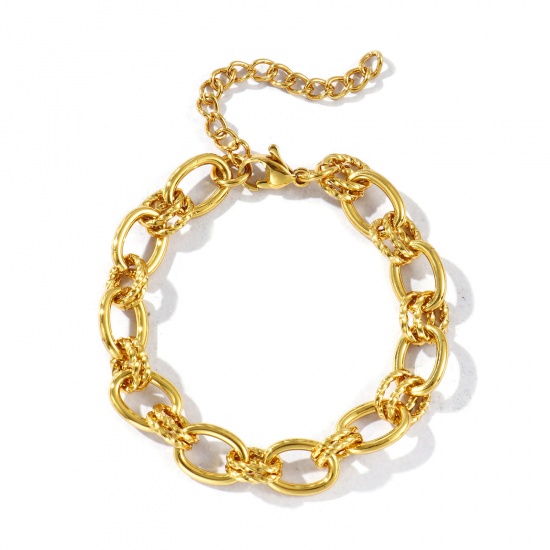 Image de Bracelets En Gros Plaqué Or 18K en 304 Acier Inoxydable, Chaîne Maille Forçat Respectueux de la Nature, aux Femmes Simple À la Mode Cadeau Fournitures de Bijoux 17cm long, Taille de la Chaîne: 9mm, 1 Pièce
