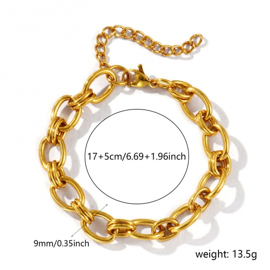 Image de Bracelets En Gros Plaqué Or 18K en 304 Acier Inoxydable, Chaîne Maille Forçat Respectueux de la Nature, aux Femmes Simple À la Mode Cadeau Fournitures de Bijoux 17cm long, Taille de la Chaîne: 9mm, 1 Pièce