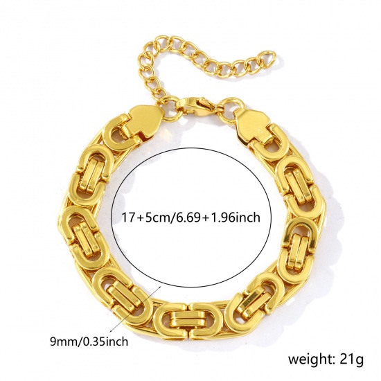卸売り 304ステンレス鋼 ビザンチンリンクチェーン ブレスレット、 18Kゴールドメッキ エコフレンドリー、 レディース シンプル ファッション おしゃれ プレゼント宝飾の供給 17cm長さ、 チェーンサイズ: 9mm、 1 本 の画像