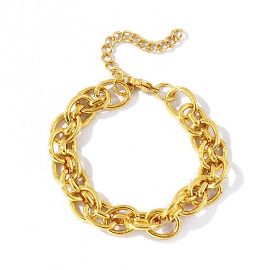 Image de Bracelets En Gros Plaqué Or 18K en 304 Acier Inoxydable, Chaîne à Maillons Faite à la Main Respectueux de la Nature, aux Femmes Simple À la Mode Cadeau Fournitures de Bijoux 17cm long, Taille de la Chaîne: 10.5mm, 1 Pièce