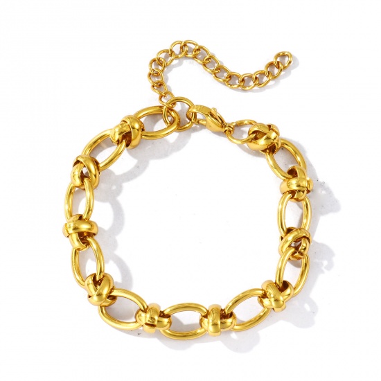Image de Bracelets En Gros Plaqué Or 18K en 304 Acier Inoxydable, Chaîne à Maillons Faite à la Main Respectueux de la Nature, aux Femmes Simple À la Mode Cadeau Fournitures de Bijoux 17cm long, Taille de la Chaîne: 9mm, 1 Pièce