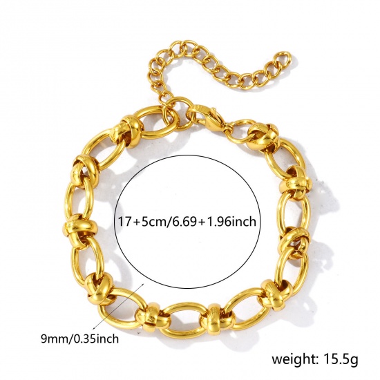 Image de Bracelets En Gros Plaqué Or 18K en 304 Acier Inoxydable, Chaîne à Maillons Faite à la Main Respectueux de la Nature, aux Femmes Simple À la Mode Cadeau Fournitures de Bijoux 17cm long, Taille de la Chaîne: 9mm, 1 Pièce