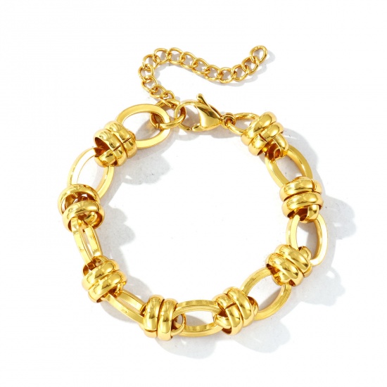 Image de Bracelets En Gros Plaqué Or 18K en 304 Acier Inoxydable, Chaîne à Maillons Faite à la Main Respectueux de la Nature, aux Femmes Simple À la Mode Cadeau Fournitures de Bijoux 17cm long, Taille de la Chaîne: 11mm, 1 Pièce