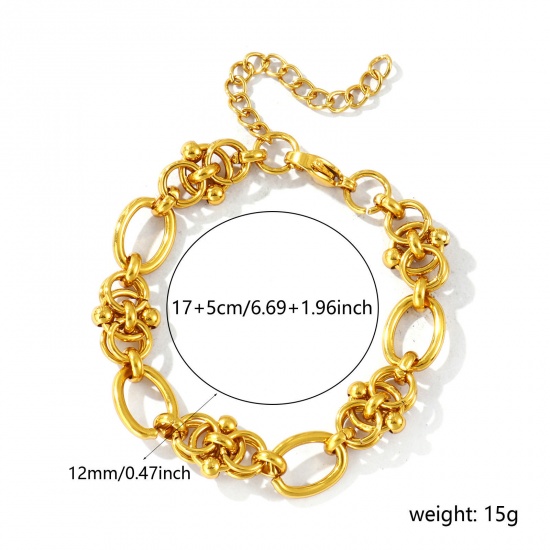 Image de Bracelets En Gros Plaqué Or 18K en 304 Acier Inoxydable, Chaîne à Maillons Faite à la Main Respectueux de la Nature, aux Femmes Simple À la Mode Cadeau Fournitures de Bijoux 17cm long, Taille de la Chaîne: 12mm, 1 Pièce